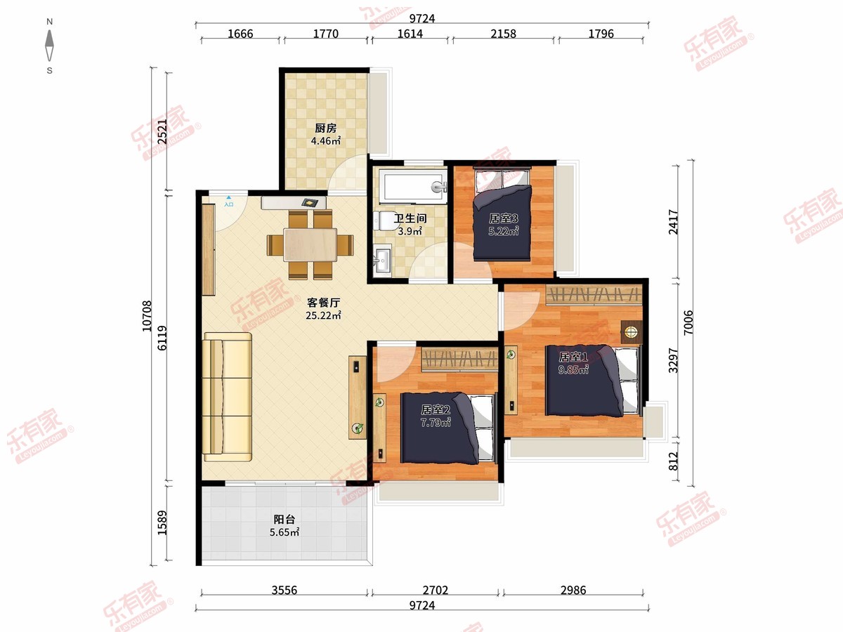 颐峰名庭 3房2厅1卫1厨1阳78.0m² 南