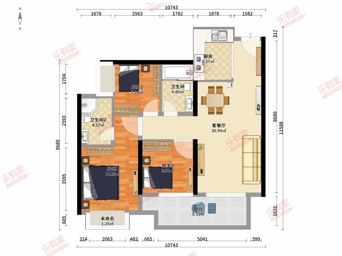 科学城·时区 3房2厅2卫1厨1阳95.0m² 南