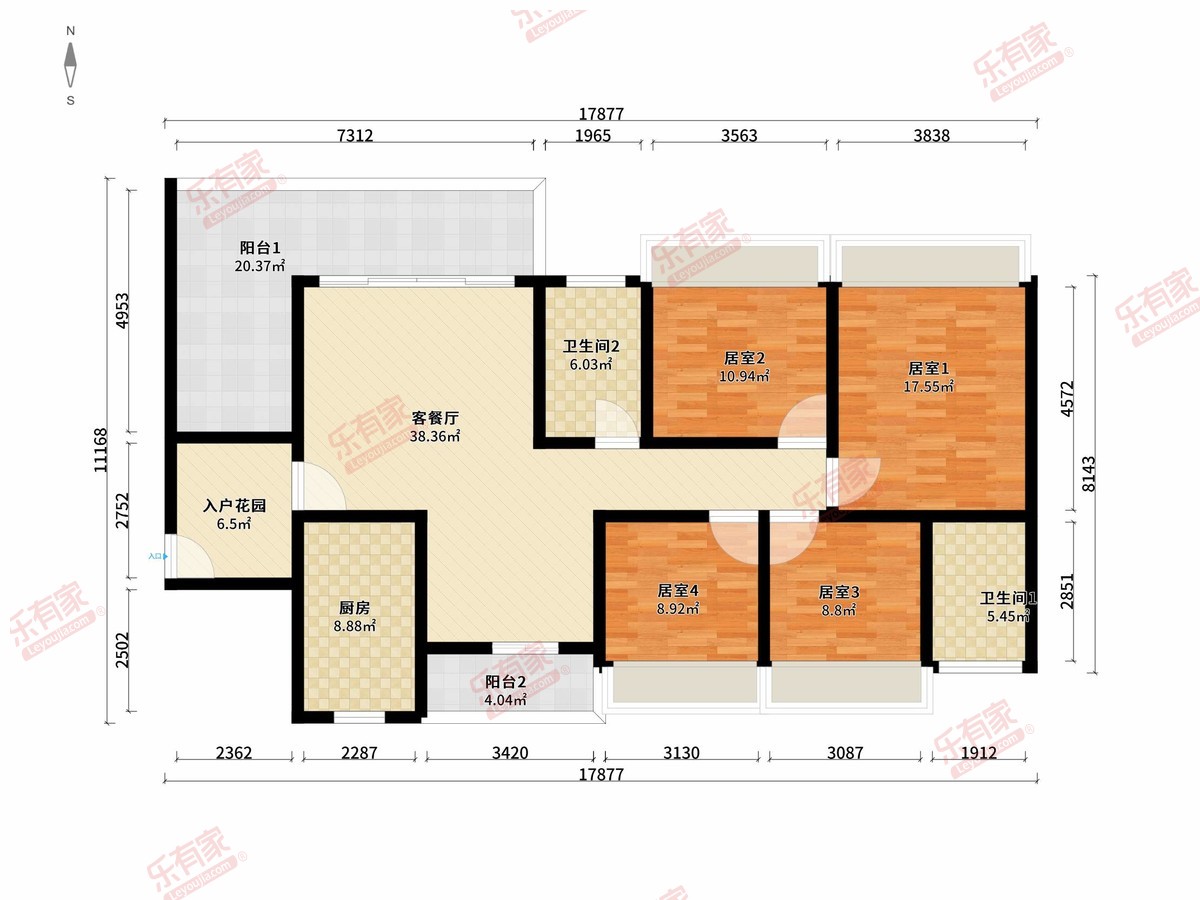 锦尚昇荟庭 4房2厅2卫1厨2阳138.0m² 南北