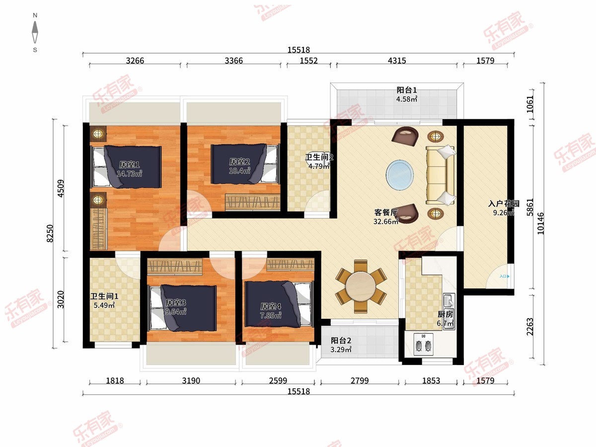 锦尚昇荟庭 4房2厅2卫1厨2阳113.0m² 南北