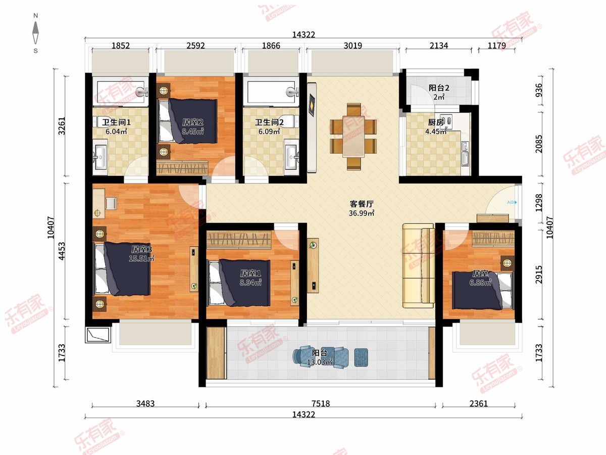 中鑫悦府 4房2厅2卫1厨2阳112.0m² 南北