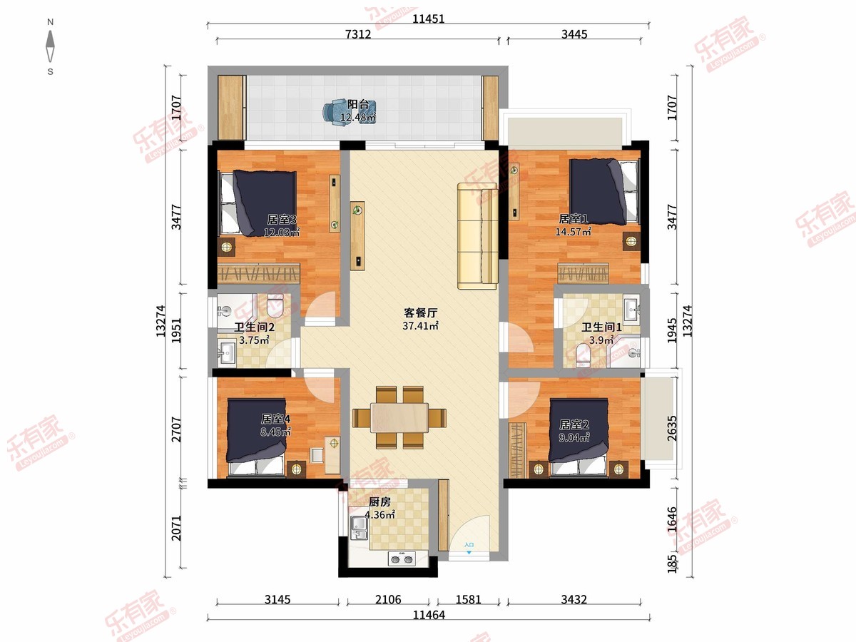 悦溪花园 4房2厅2卫1厨1阳127.0m² 南