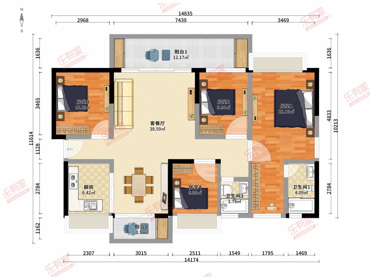 悦溪花园 4房2厅2卫1厨2阳142.0m² 南北