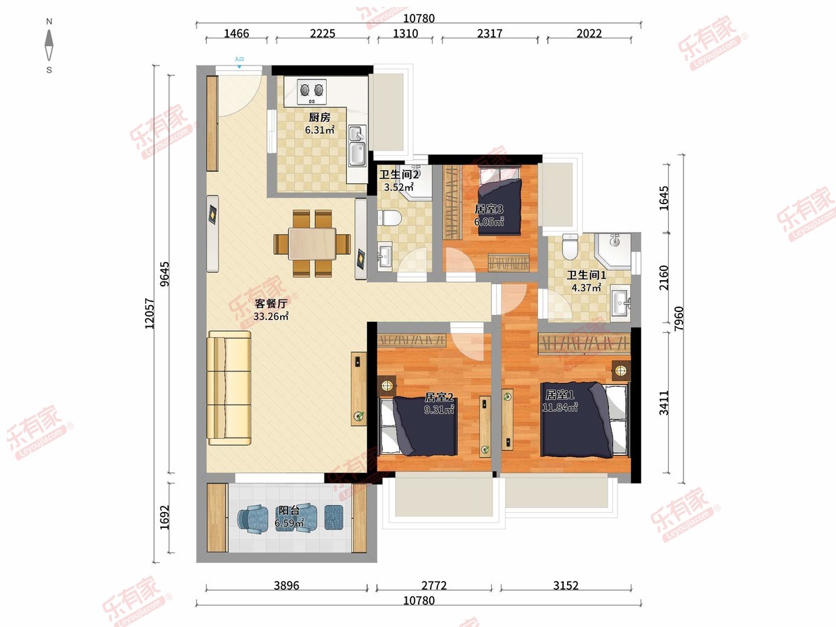 悦溪花园 3房2厅2卫1厨1阳99.0m² 南