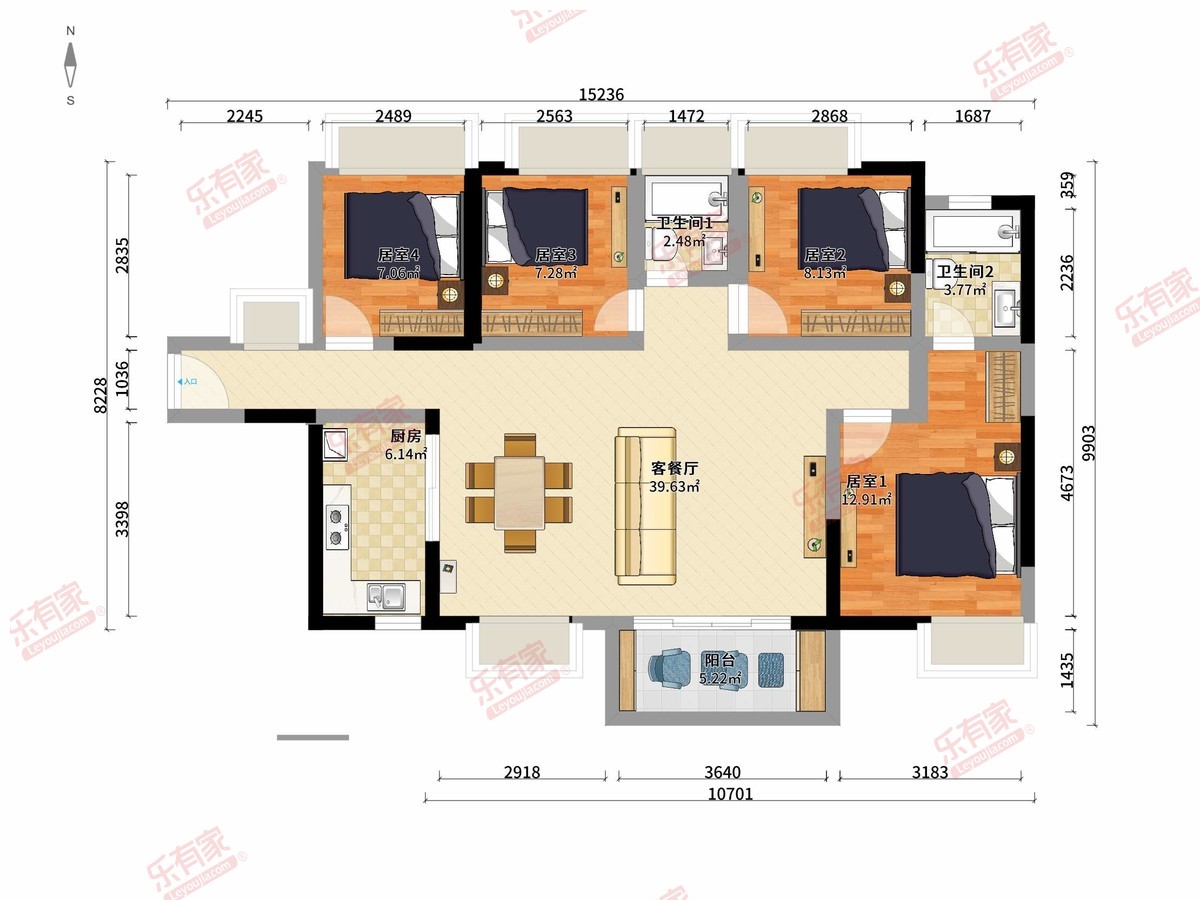 星岸THEEMERALD 4房2厅2卫1厨1阳119.0m² 南