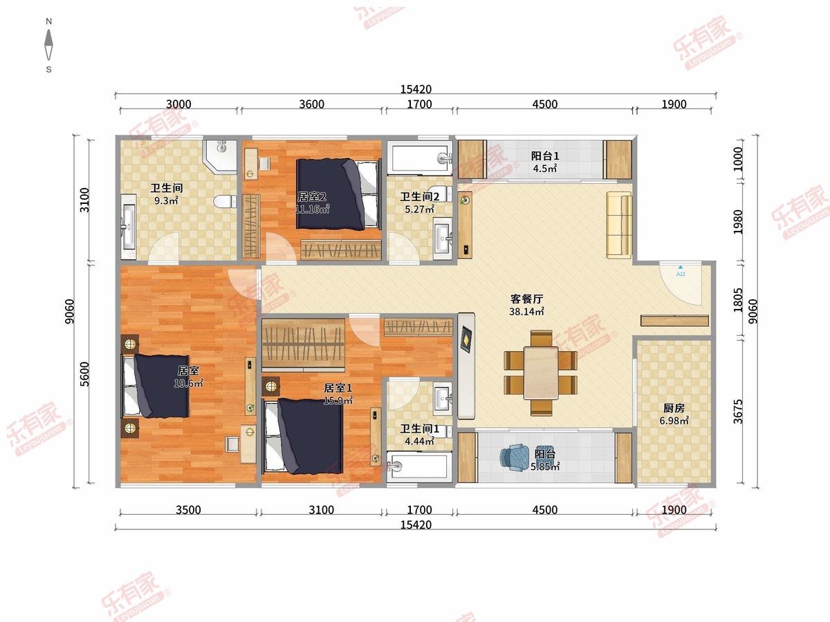 玖尚公寓 3房2厅3卫1厨2阳166.0m² 南北