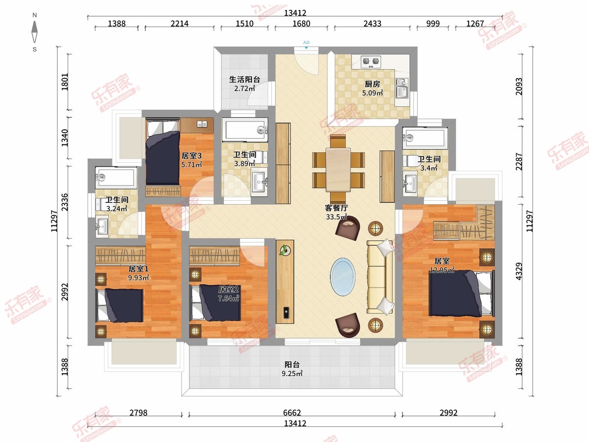 万科黄埔新城 4房2厅3卫1厨2阳143.0m² 南北