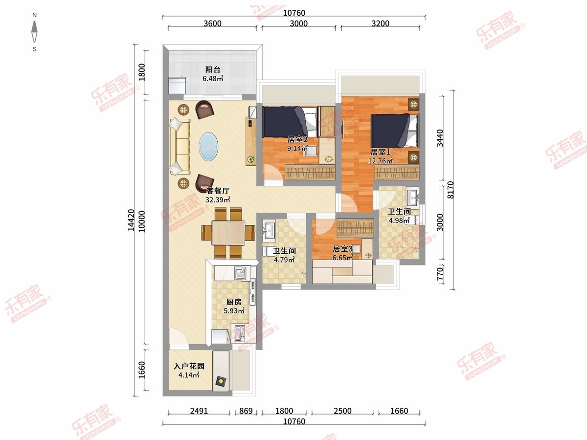 万科黄埔新城 3房2厅2卫1厨1阳93.0m² 南