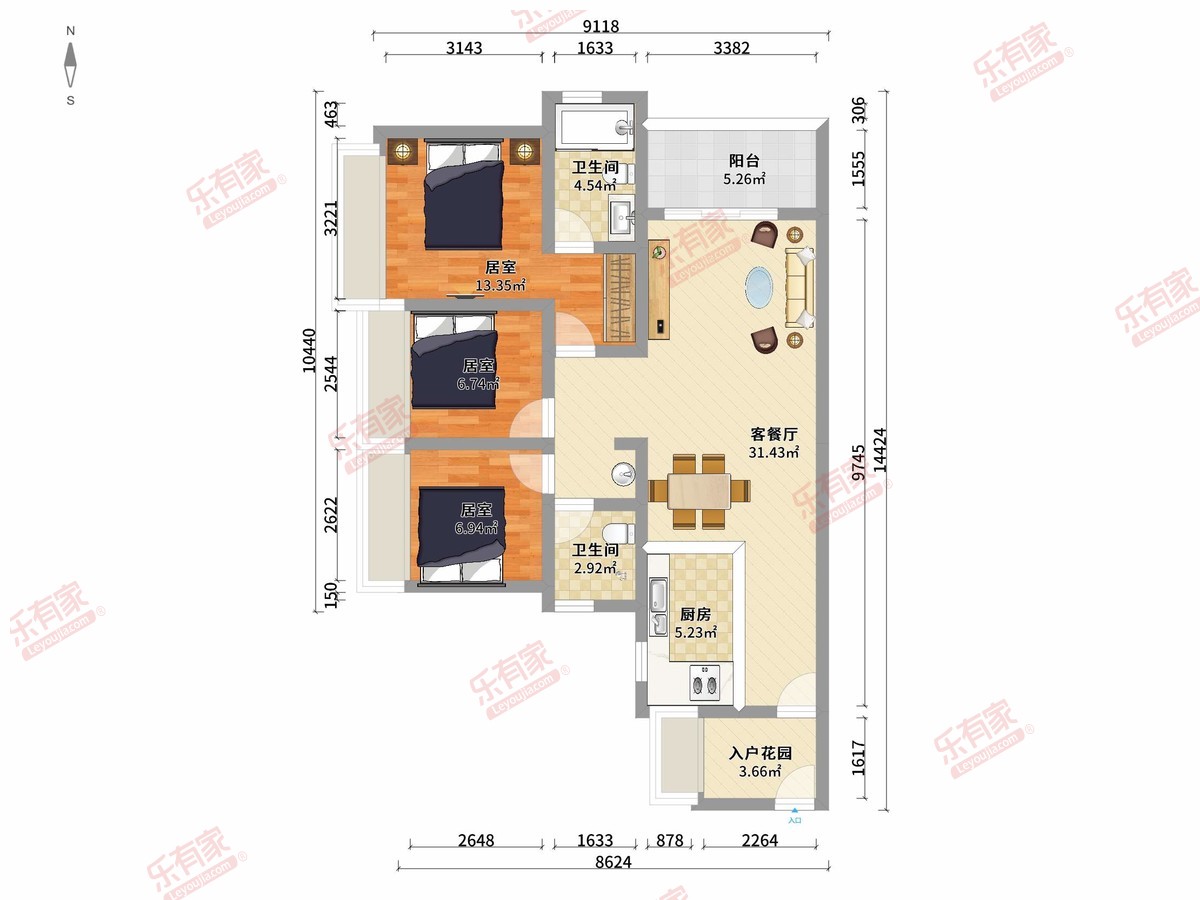 万科黄埔新城 3房2厅2卫1厨1阳93.0m² 南北