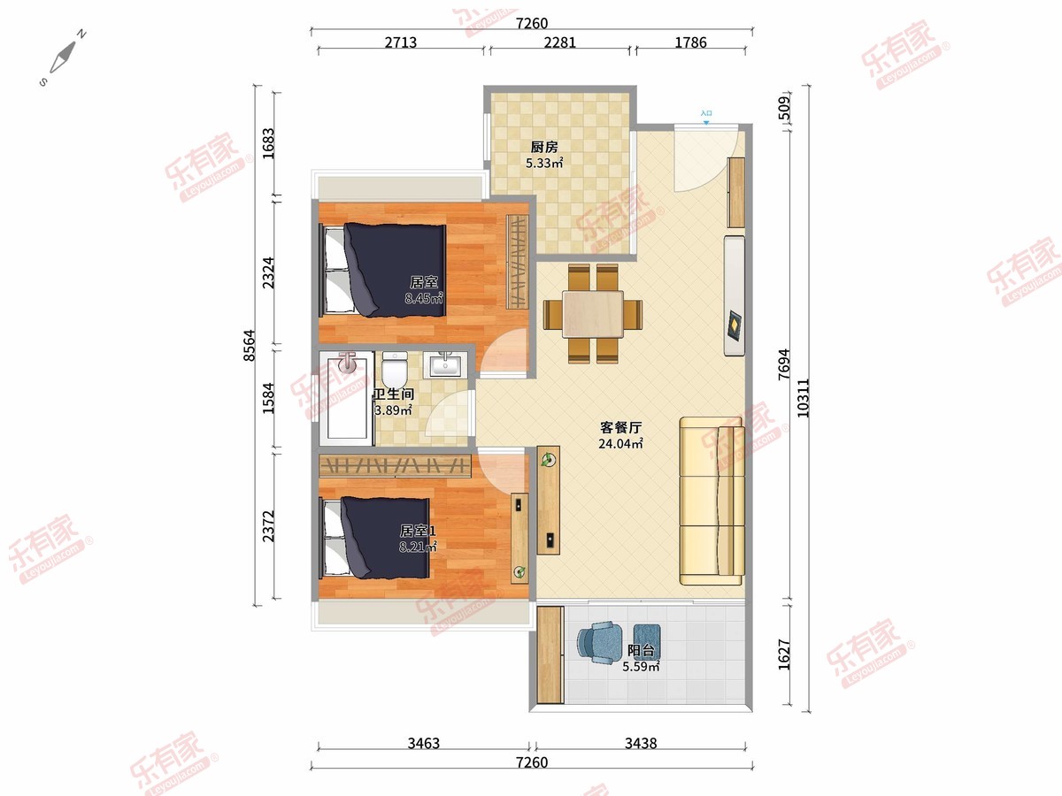 雍山郡花园 2房2厅1卫1厨1阳69.0m² 西南