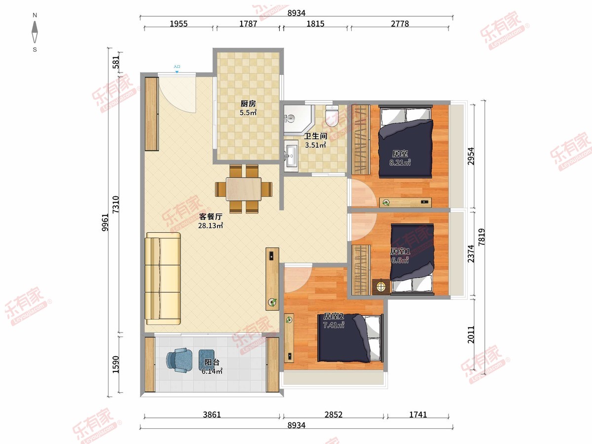 雍山郡花园 3房2厅1卫1厨1阳84.0m² 东南