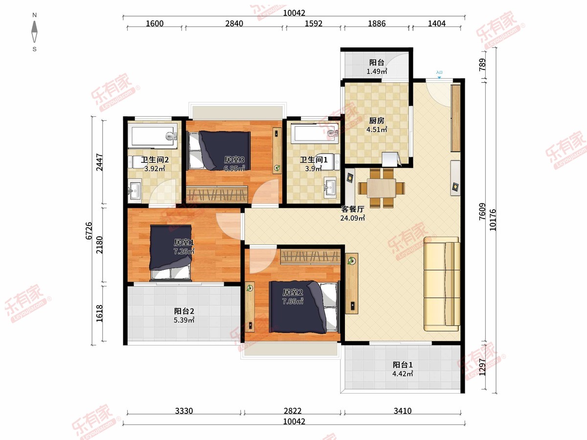 兴围华府 3房2厅2卫1厨3阳79.0m² 东南