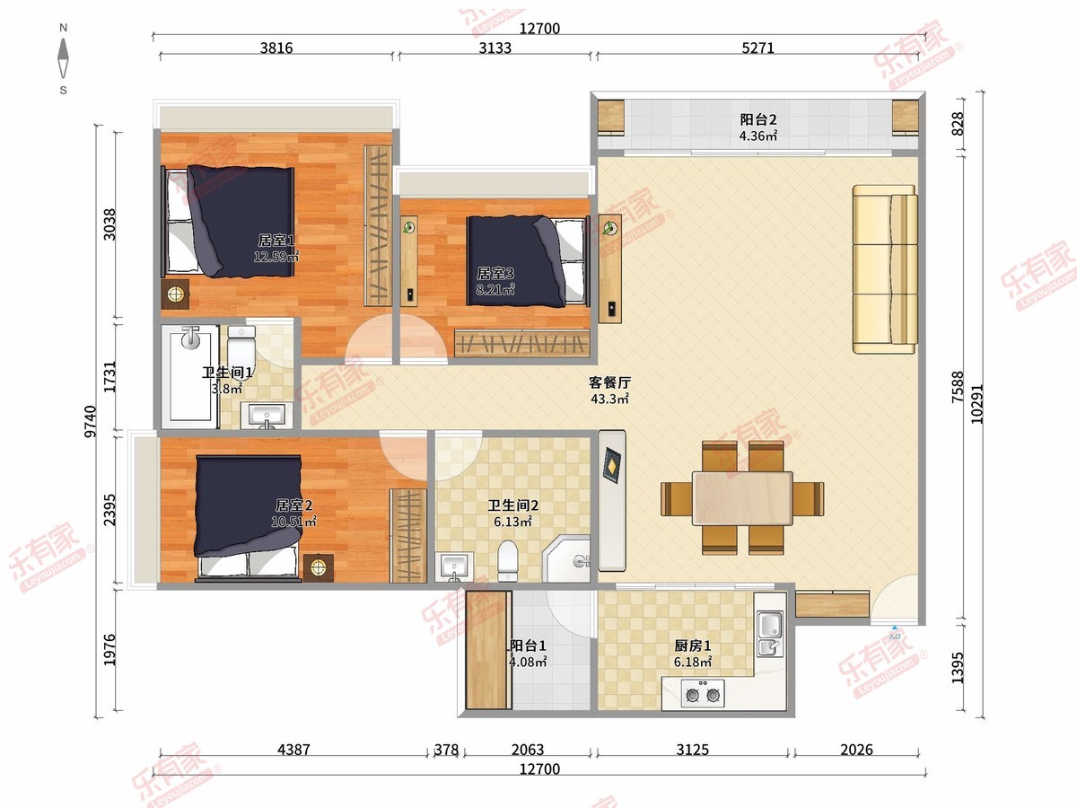 敏捷春天花园 3房2厅2卫 100.67㎡