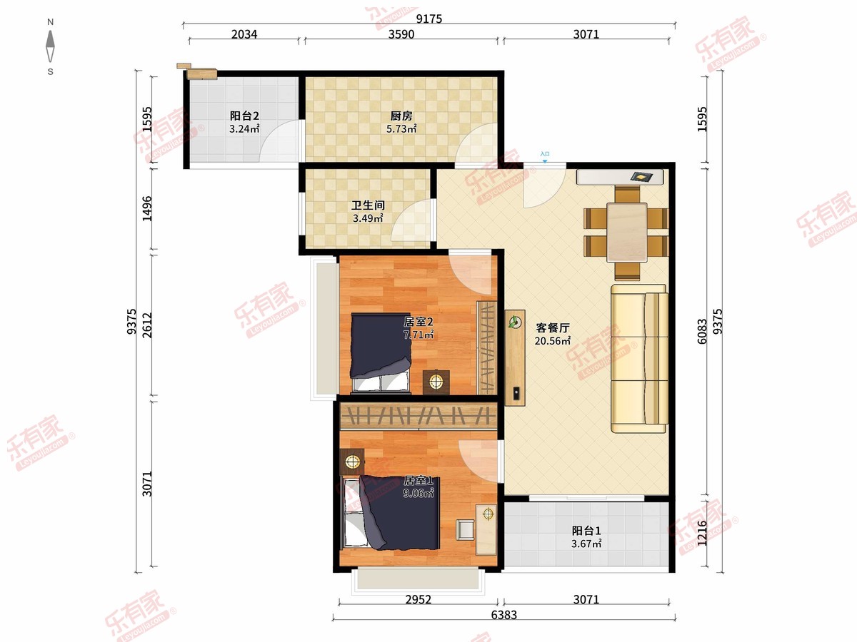 兴围华府 2房2厅1卫1厨2阳66.0m² 南