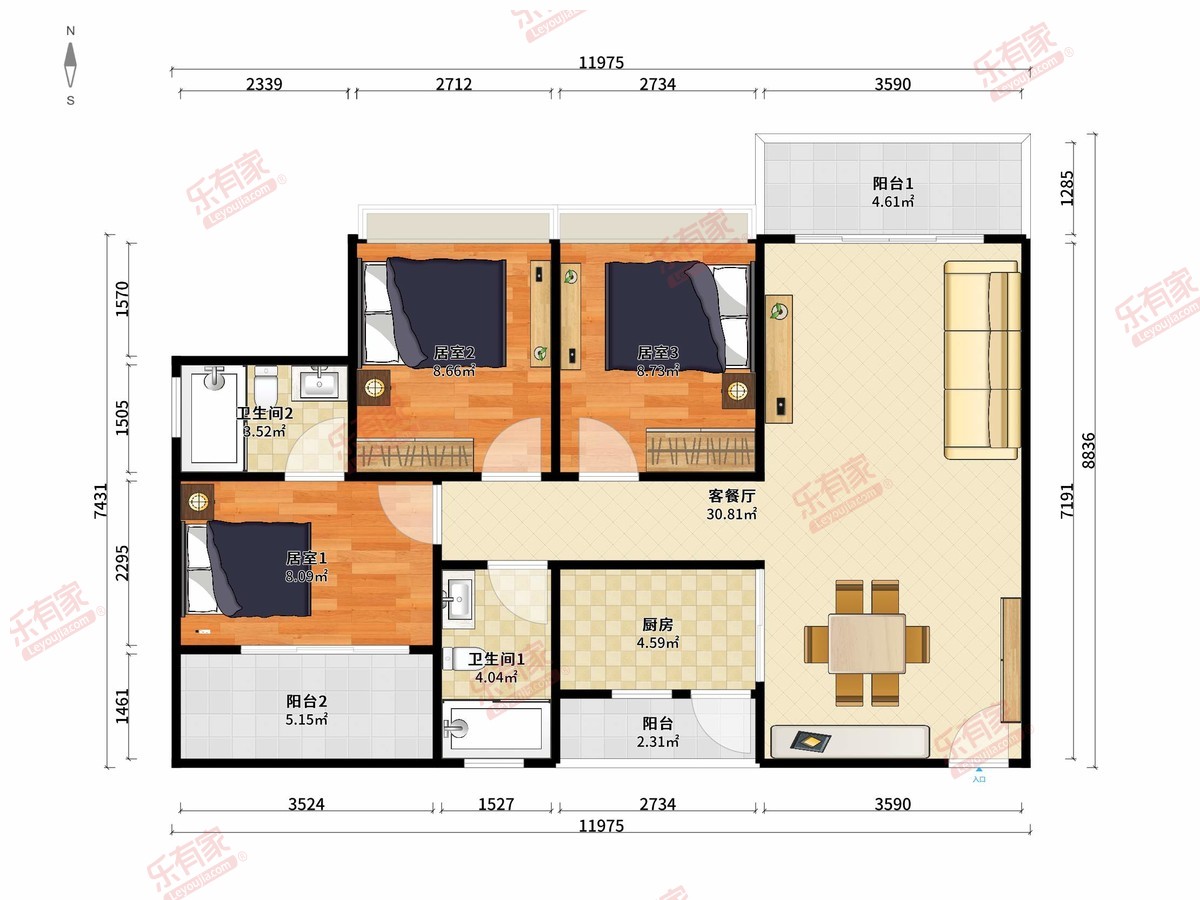 兴围华府 3房2厅2卫1厨3阳93.0m² 西北