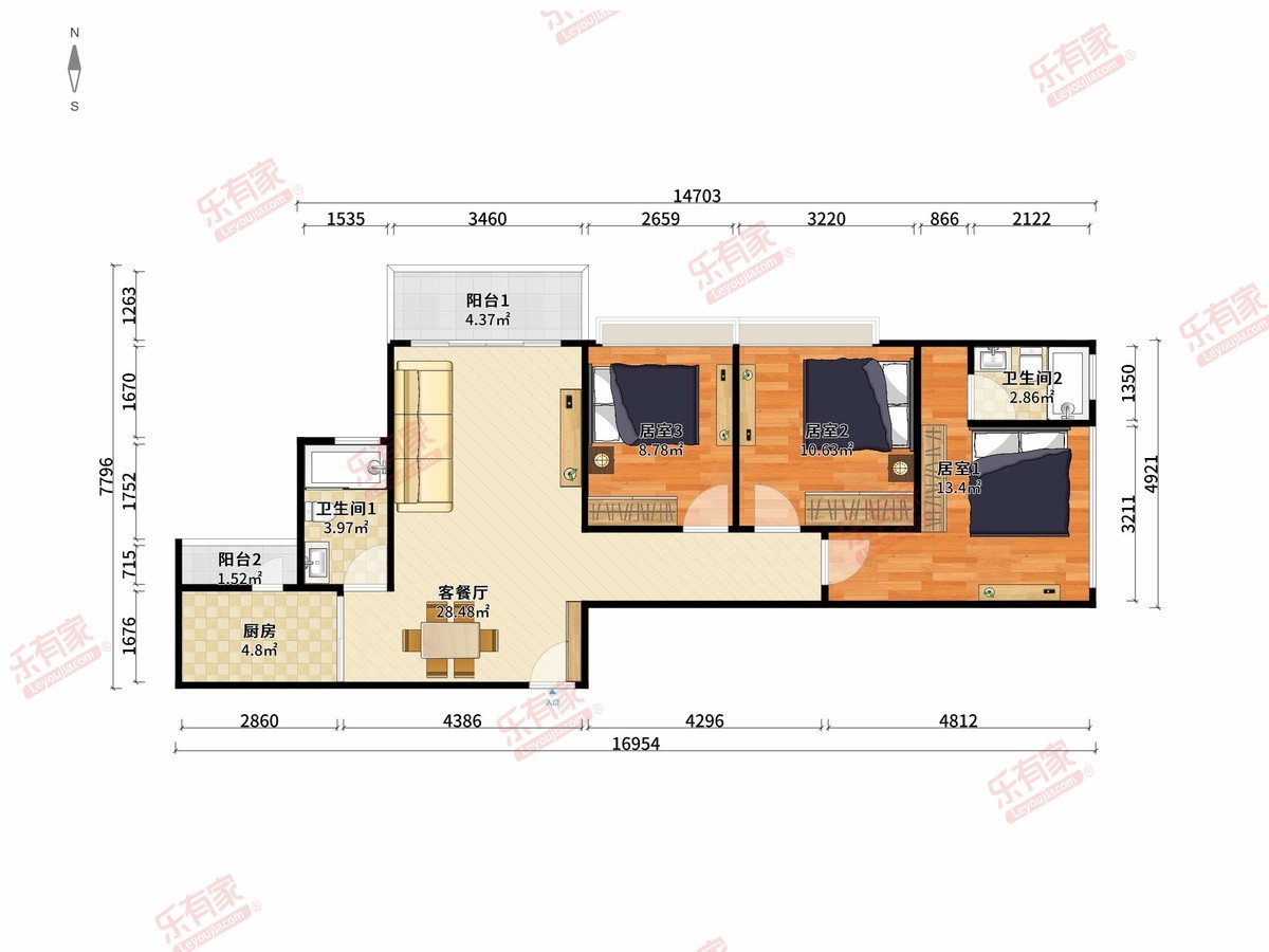 兴围华府 3房2厅2卫1厨2阳92.0m² 南