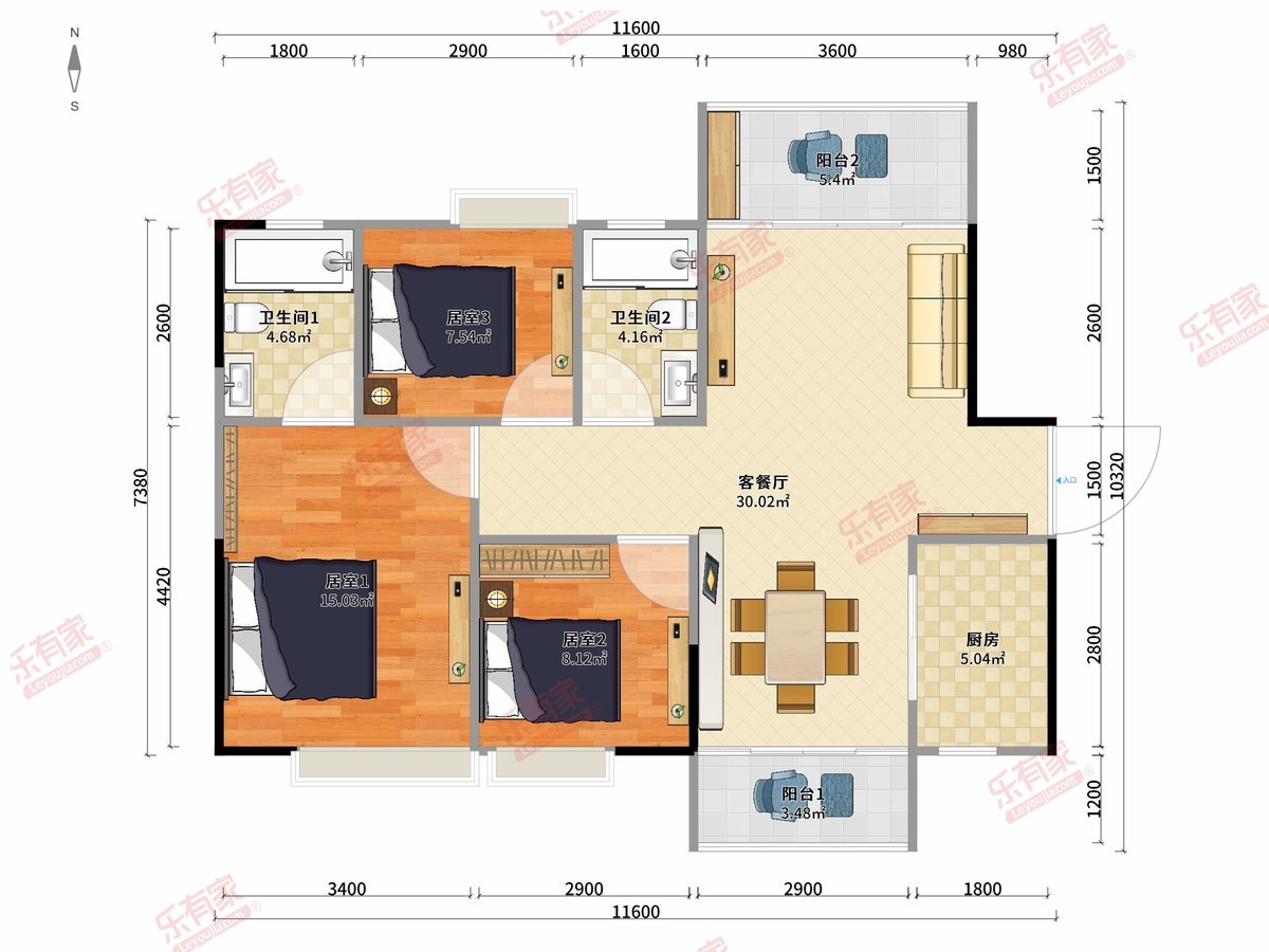 天麟天悦 3房2厅2卫1厨2阳102.0m² 南北