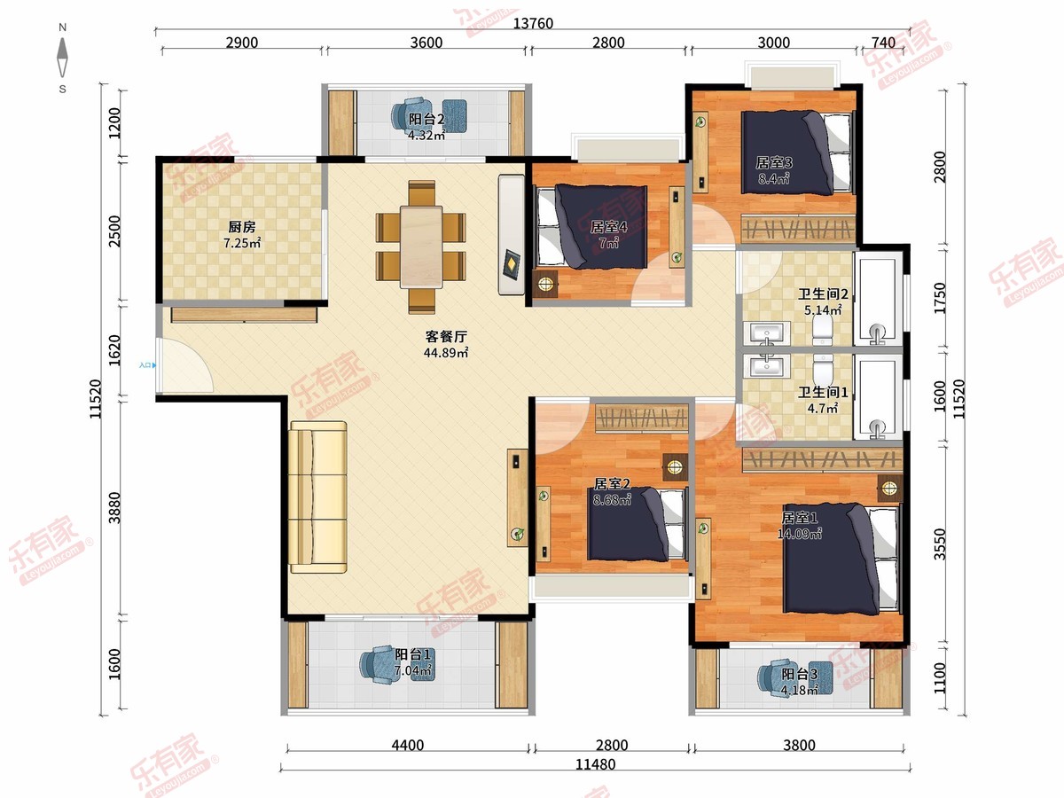 天麟天悦 4房2厅2卫1厨3阳135.0m² 南北 1