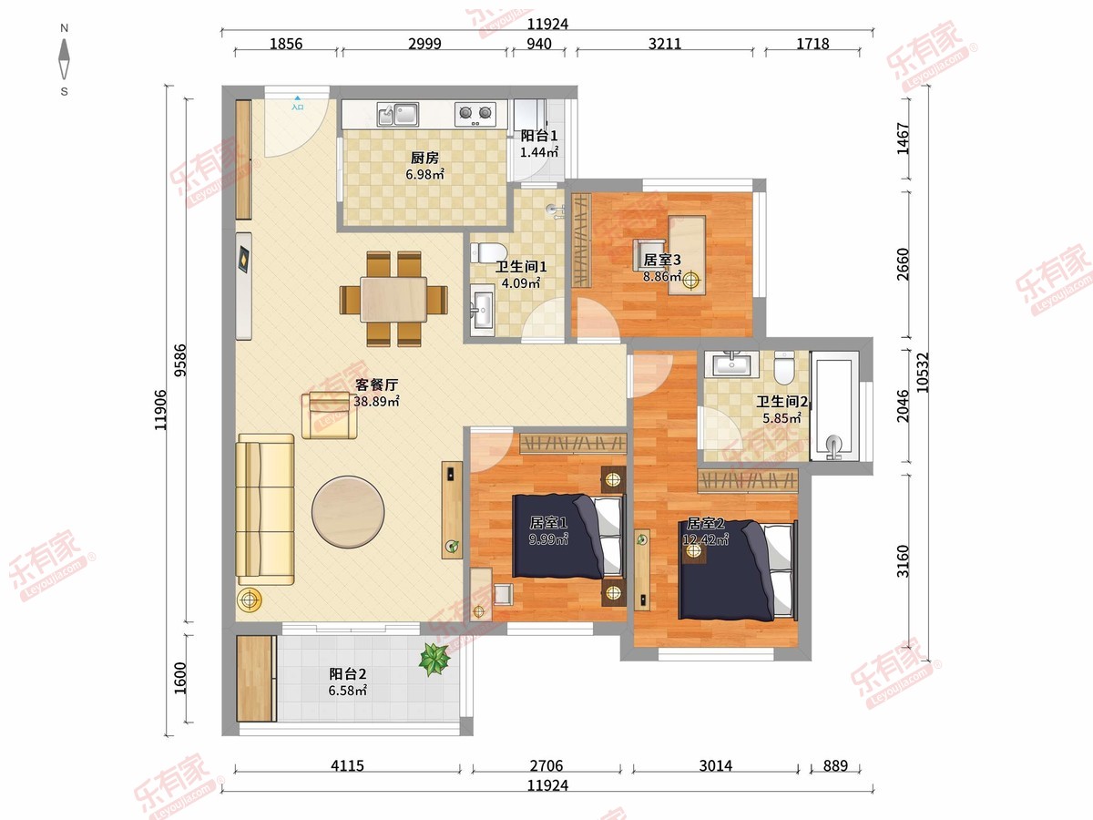 龙光天熙 3房2厅2卫1厨2阳97.26m² 南