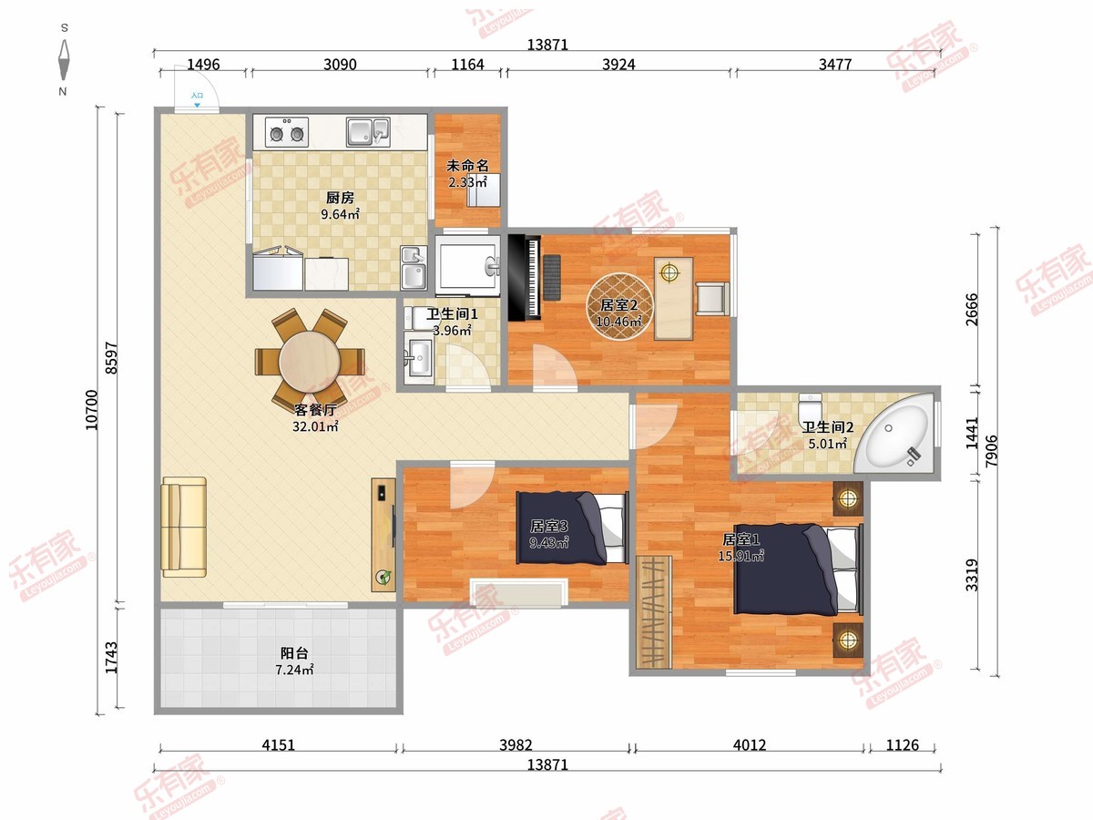 龙光天熙 3房2厅2卫1厨1阳97.0m² 东南