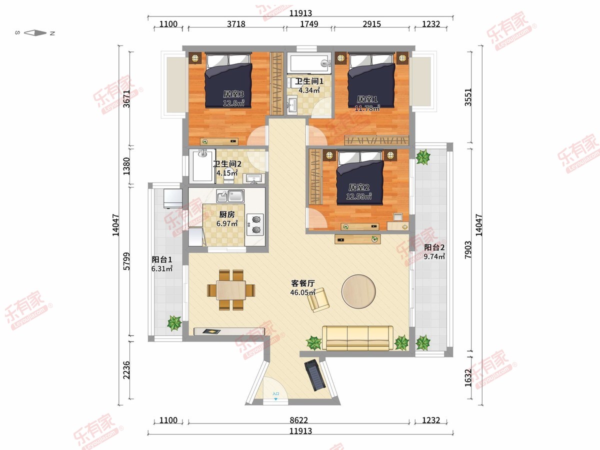 依云小镇 3房2厅2卫1厨2阳118.0m² 东南