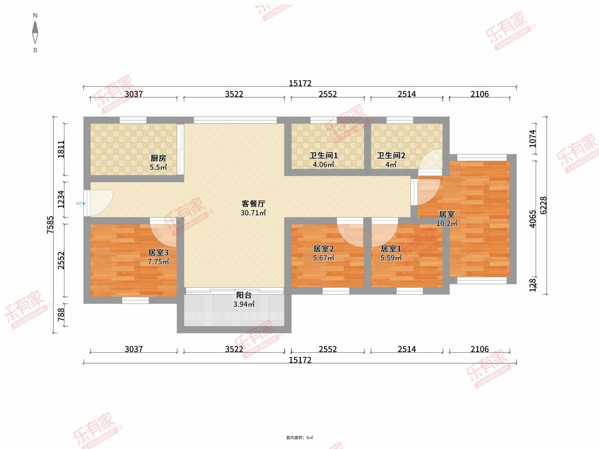 泰丰千语庭 4房2厅2卫1厨1阳98.0m² 南北