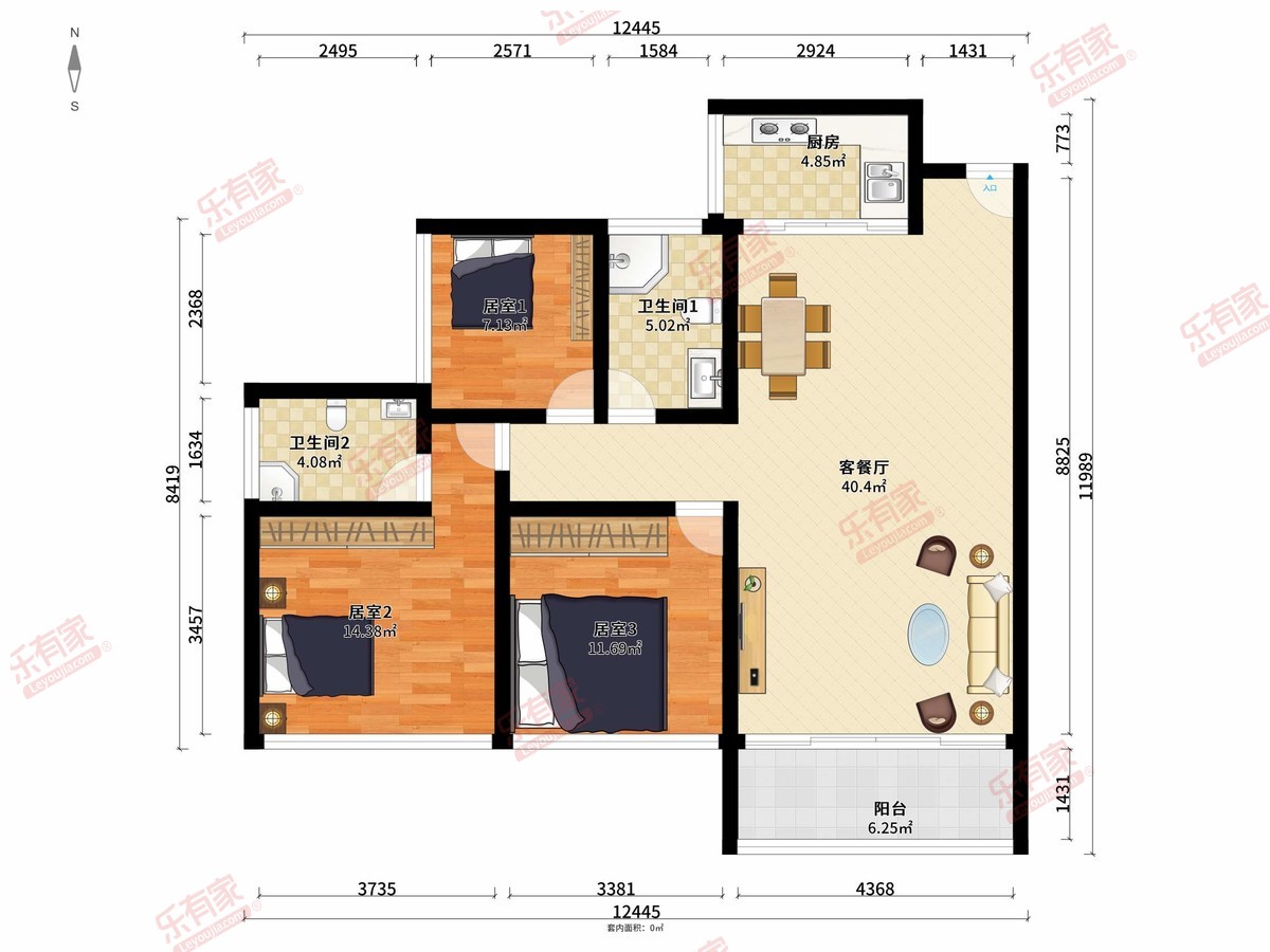 长通熙园 3房2厅2卫1厨1阳96.49m² 南