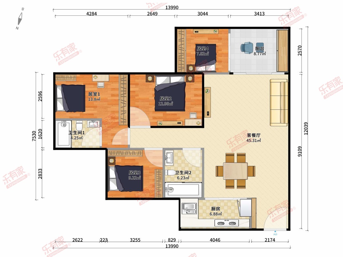 奥园天翔誉峰 4房2厅2卫1厨1阳117.0m² 东南