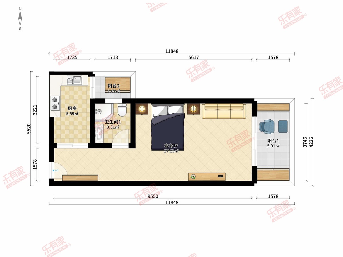 德置利广场 0房2厅1卫1厨2阳45.4m² 南