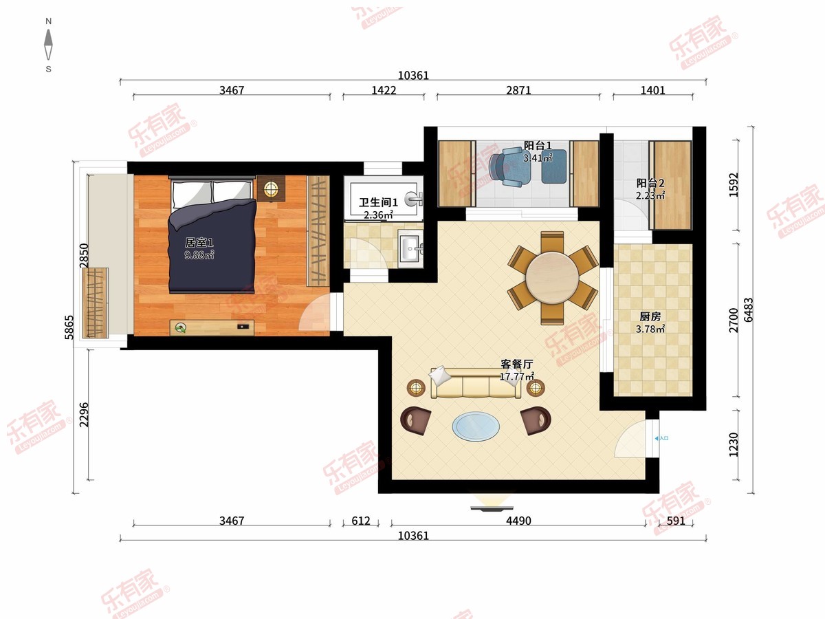 德置利广场 1房2厅1卫1厨2阳53.71m² 南