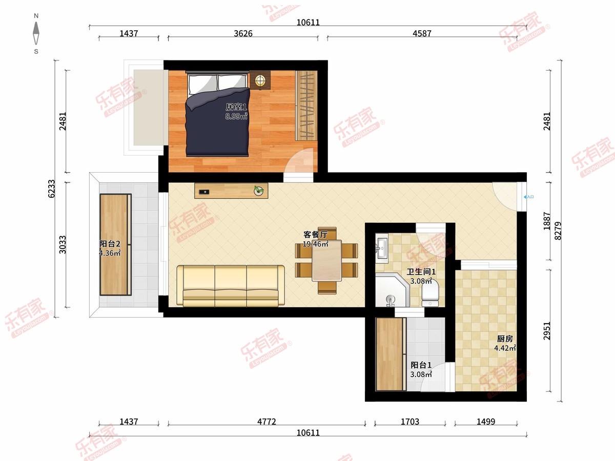 德置利广场 1房2厅1卫1厨2阳57.64m² 南