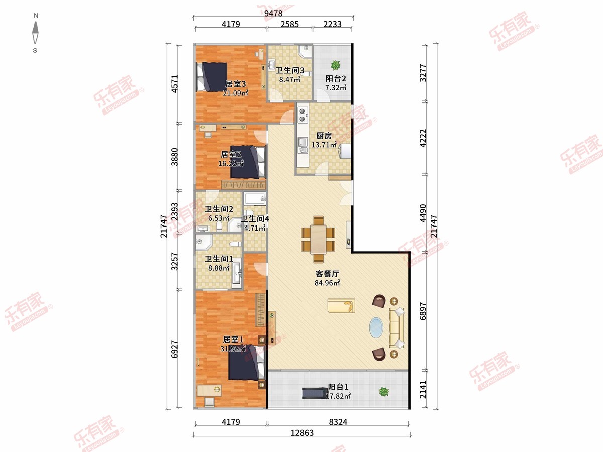 华侨城深圳湾新玺名苑 3房2厅4卫1厨2阳280.0m² 南