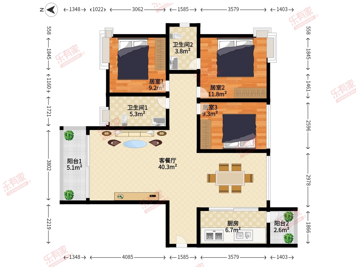 翔龙天地广场 3房2厅2卫 110㎡