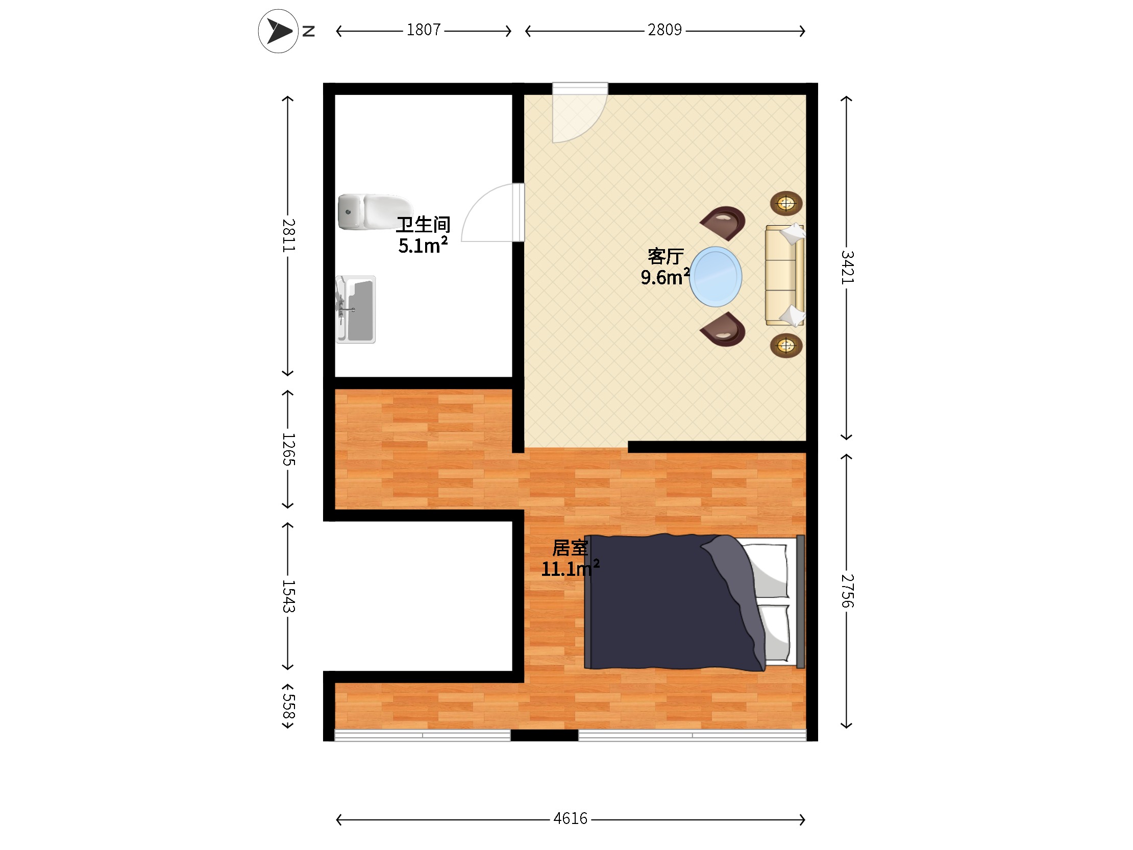 万科深南道68号 1房1厅1卫 53.34㎡