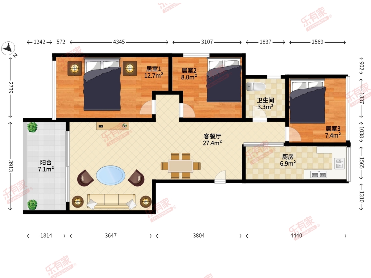 瑞翔居 3房2厅1卫 87.66㎡-广州瑞翔居租房