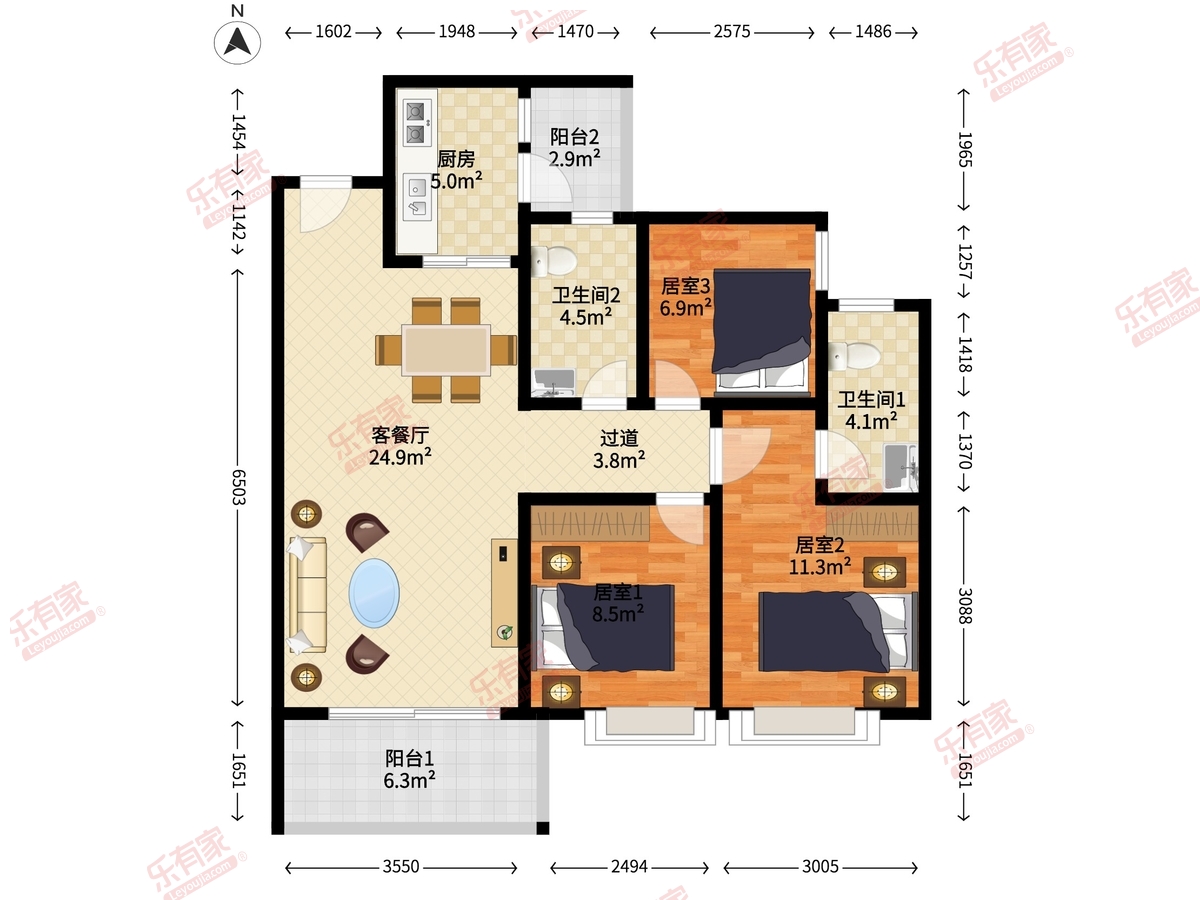 铭萃花园 3室2厅2卫1厨2阳 90.0 南