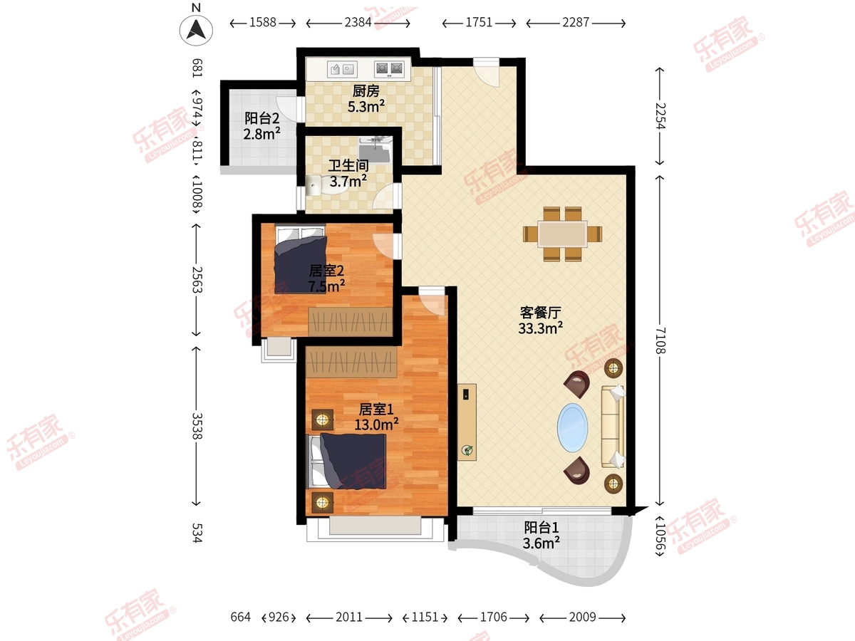 鹿茵华庭 2室2厅1卫1厨2阳 87.7 南