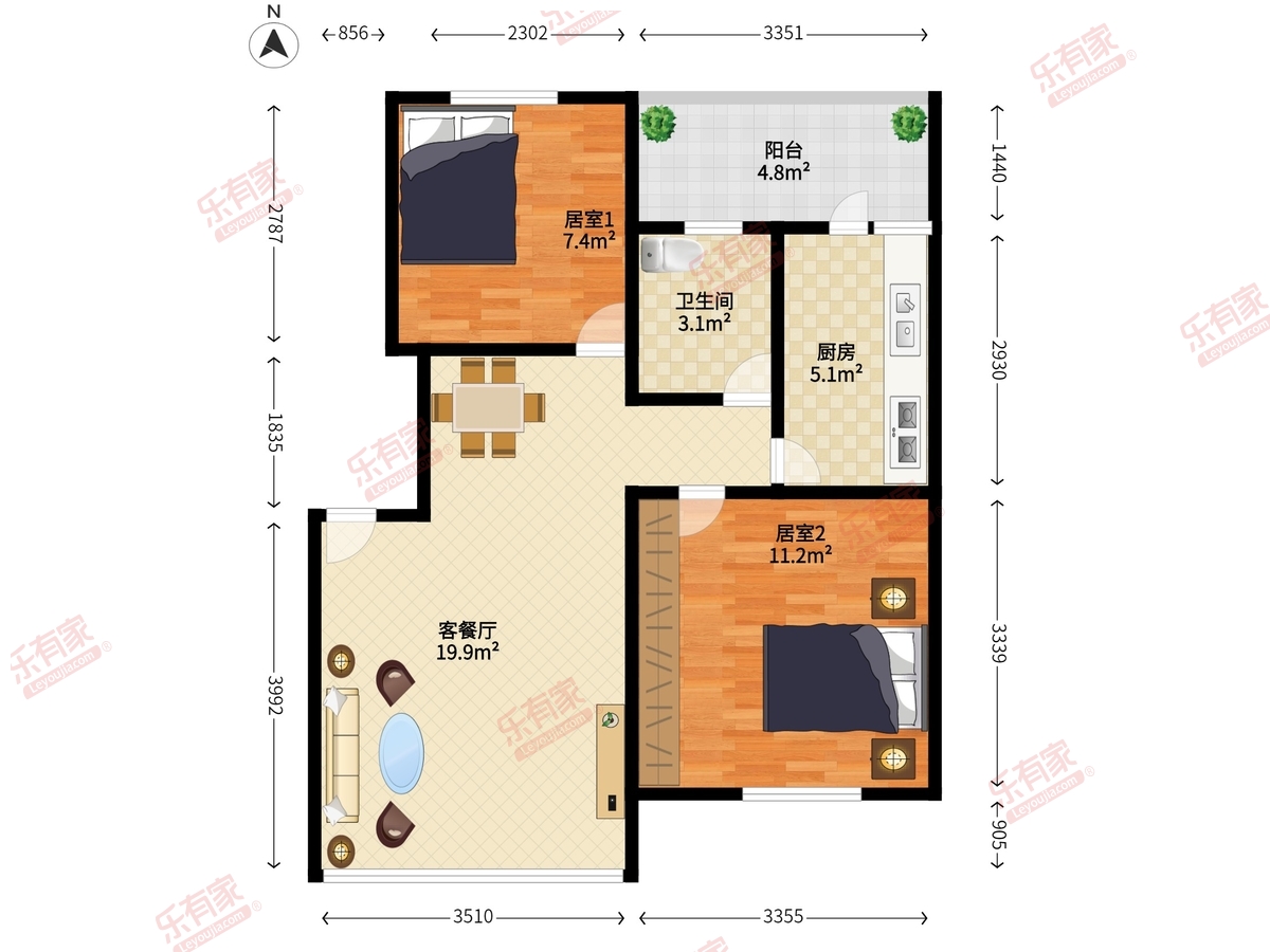 阳光翠园东南普装2室2厅60.87m²