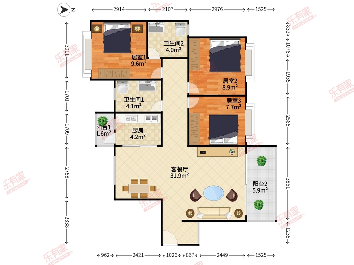 和稳商业广场 3房2厅2卫 95.04㎡-广州和稳商业广场租房