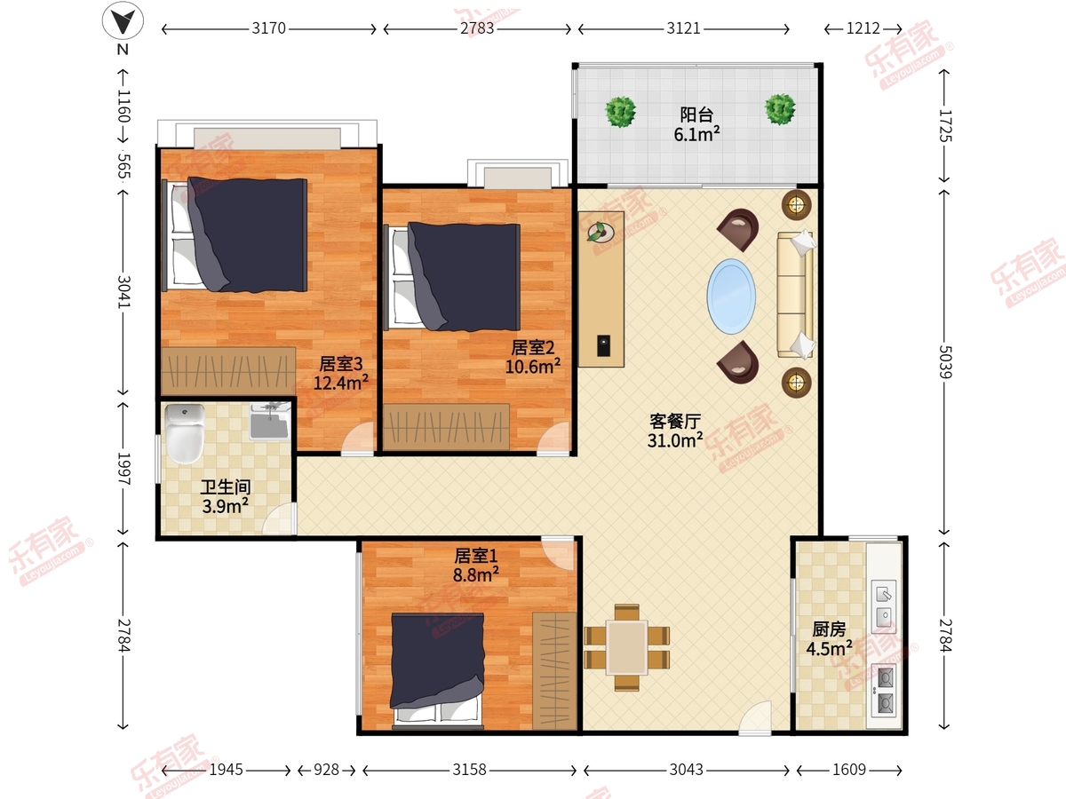 珠江四季悦城 3室2厅1卫1厨1阳 89.75 南