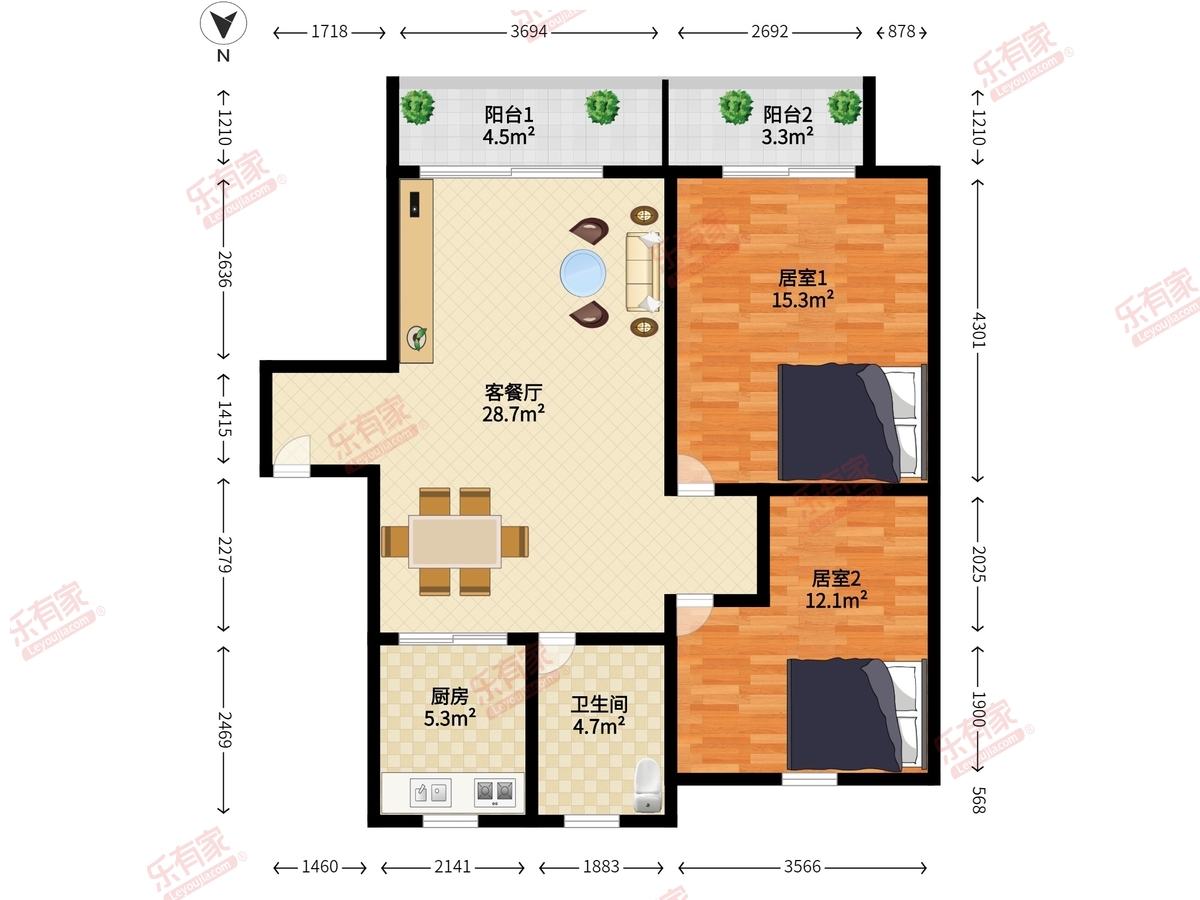 世界花园 2房2厅1卫 86.06㎡