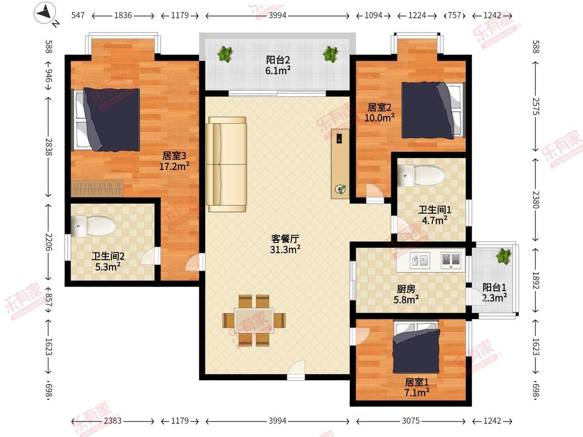 山水情家园 3房2厅2卫 104.73㎡