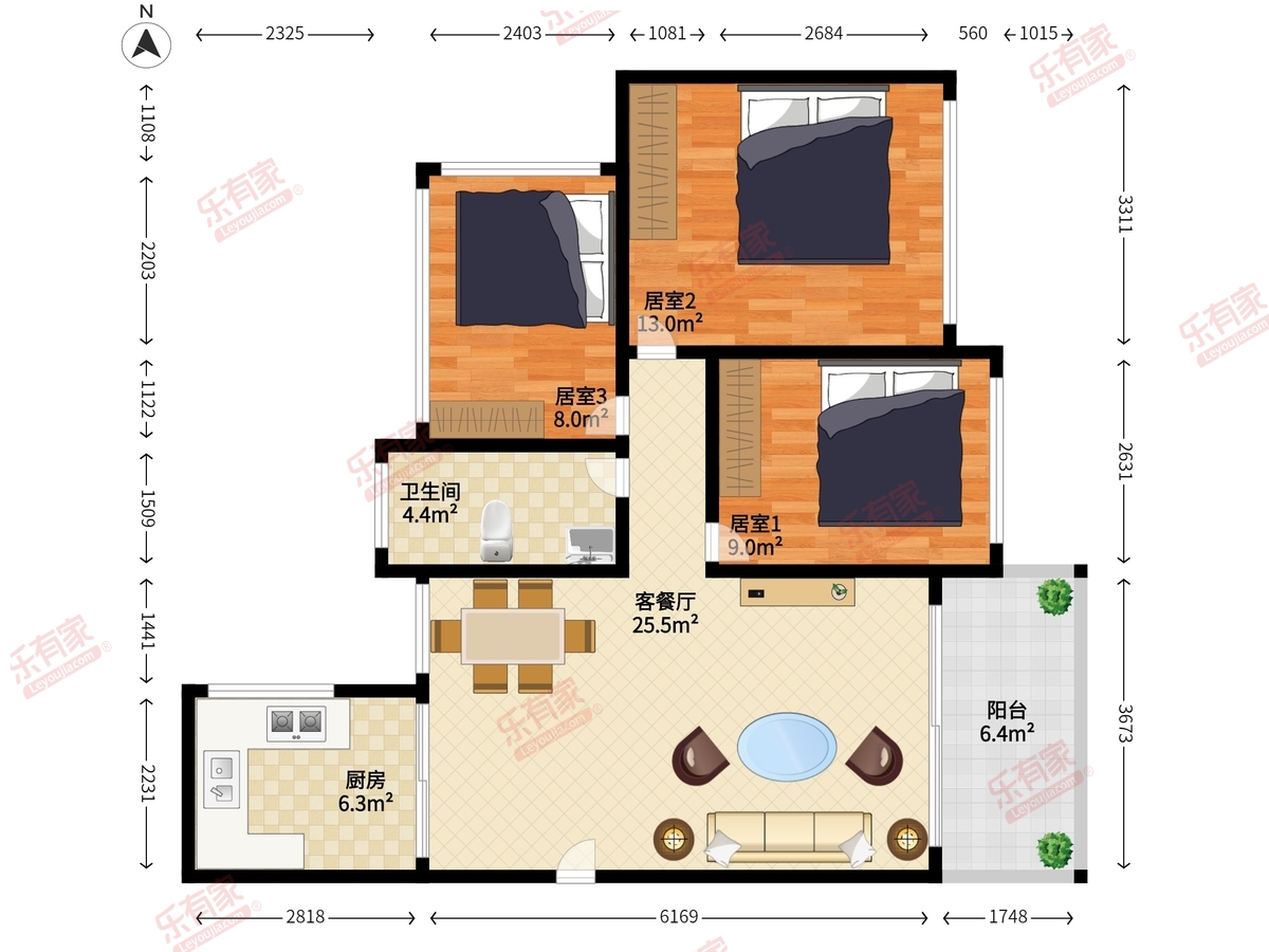 乐兴公馆 3室2厅1卫1厨1阳 81.09 南
