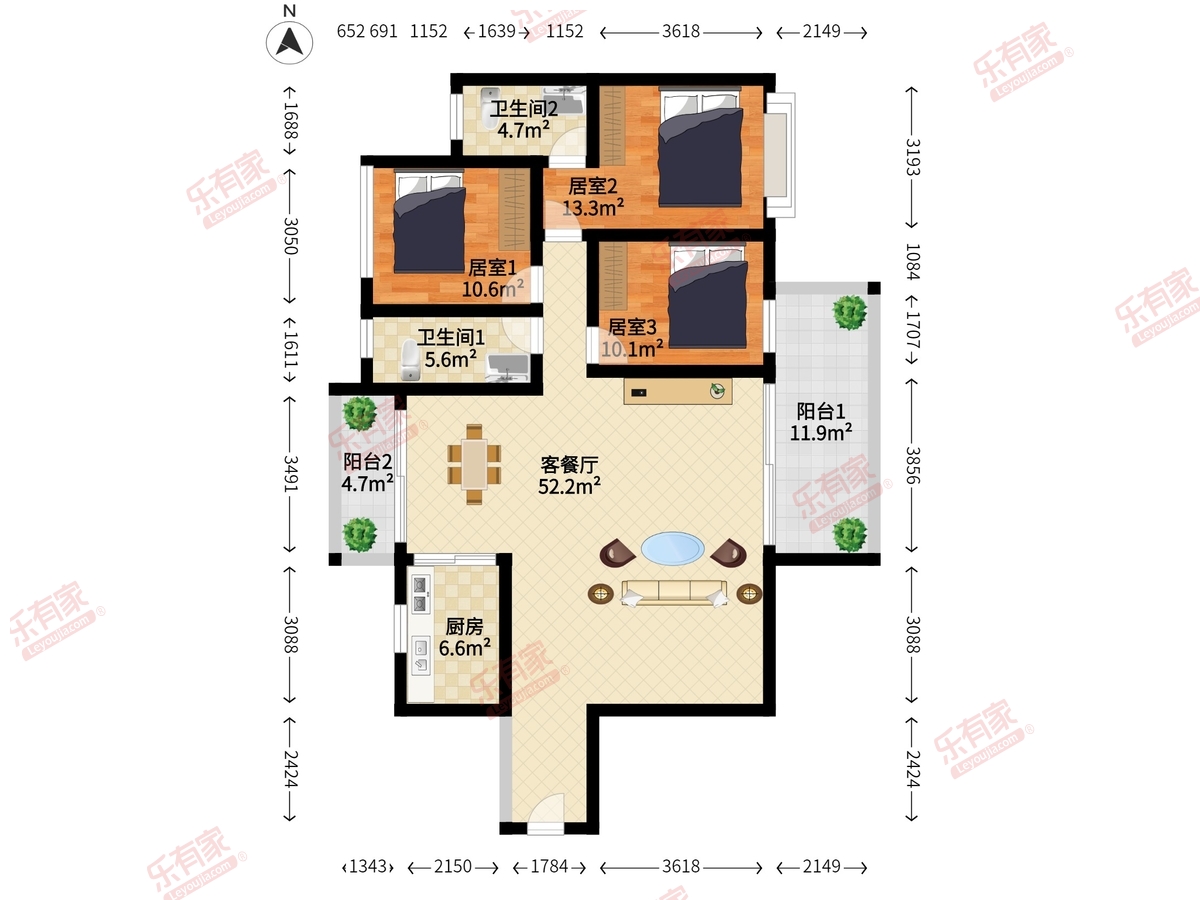 龙林西苑 3室2厅2卫1厨2阳 111.0 南北