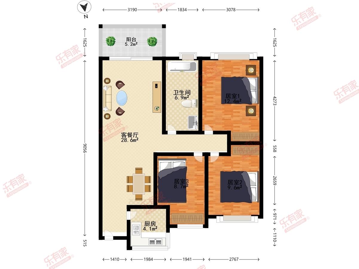 新祺园一期 3室2厅1卫1厨1阳 88.0 南