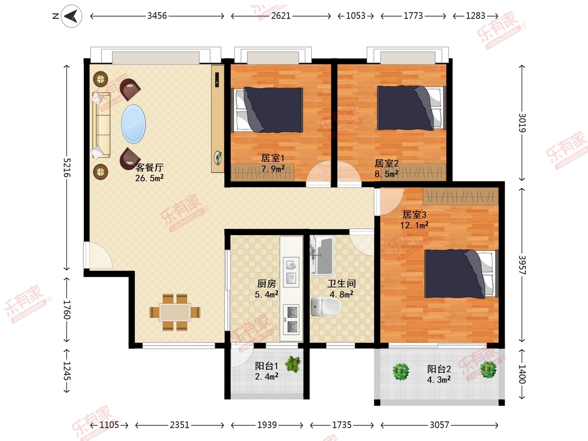 松湖朗苑 3房2厅1卫 90.64㎡