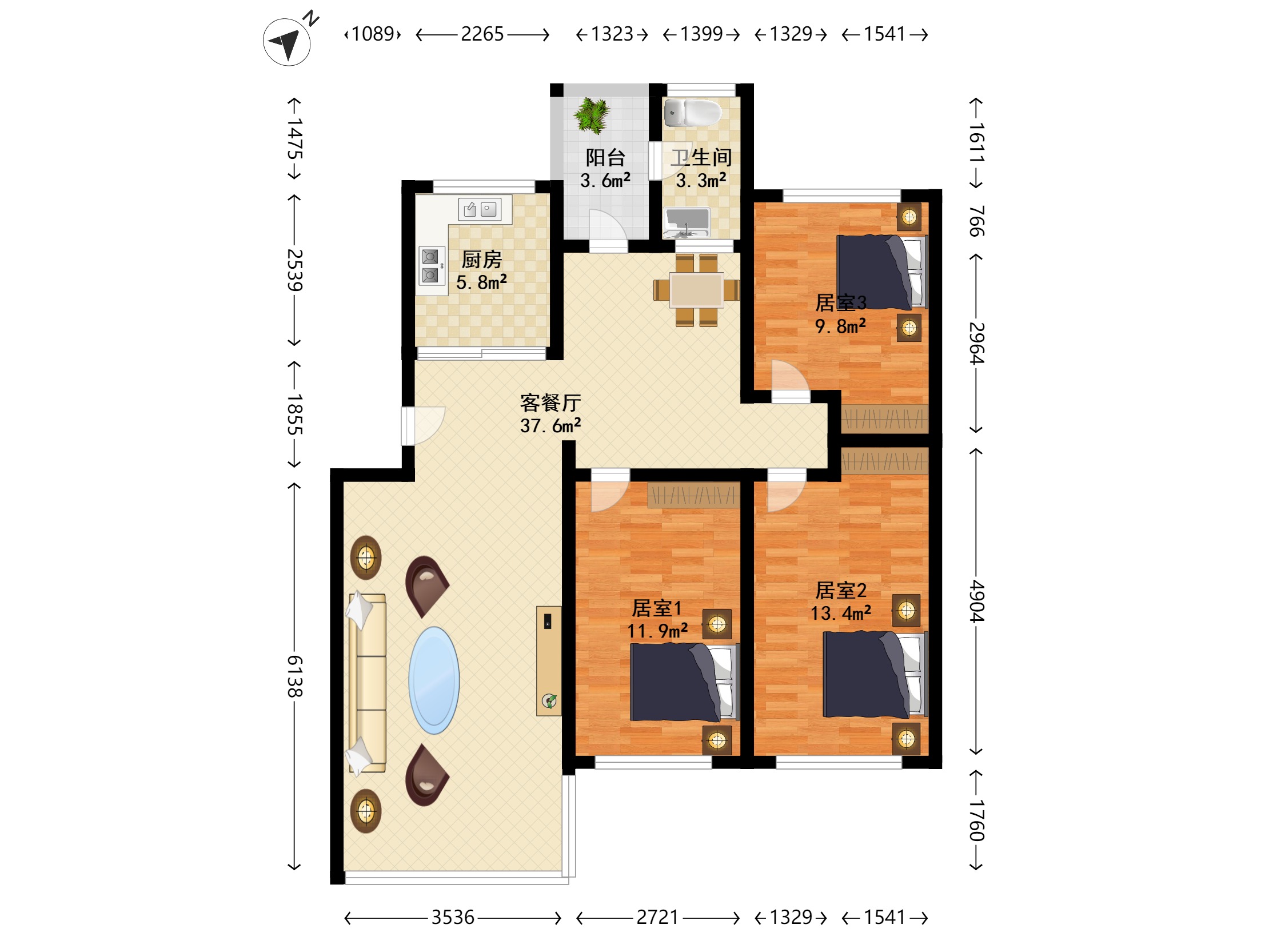 华天花园东南普装3室2厅96m²