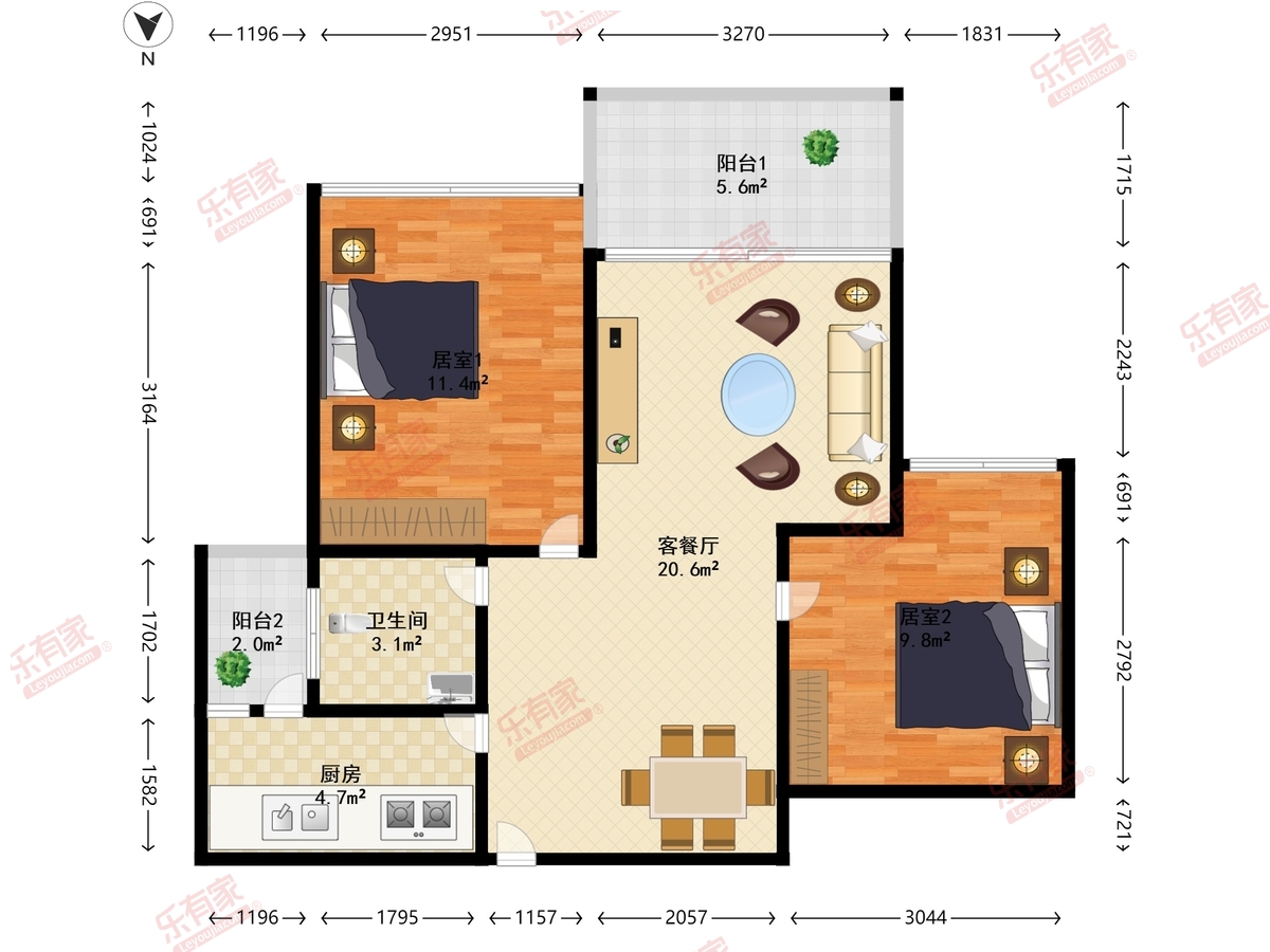 和成世纪名园 2房2厅1卫 72.13㎡