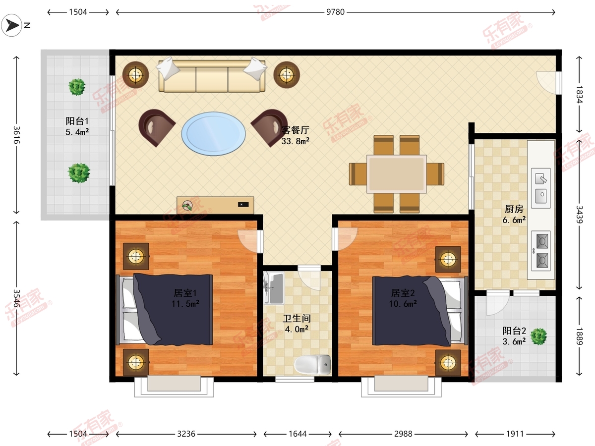 东郡花园 2房2厅1卫 76㎡