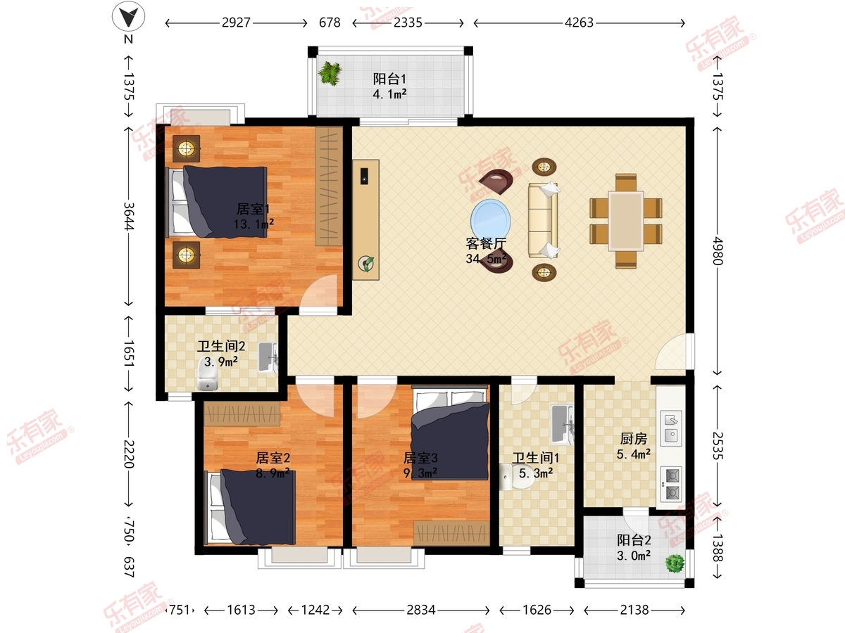 皇庭彩园 南 普装 3室 2厅 95.09m²